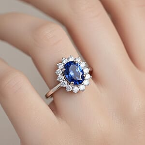 Certified AAA Tanzanite, Lab Grown Diamond Halo Ring in 10K White Gold 1.40 ctw (Size 10.0)