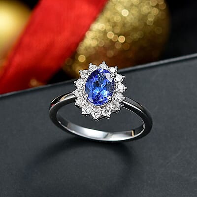 Certified and Appraised AAA Tanzanite, Lab Grown Diamond Halo Ring in 10K White Gold 1.40 ctw (Size 12.0)