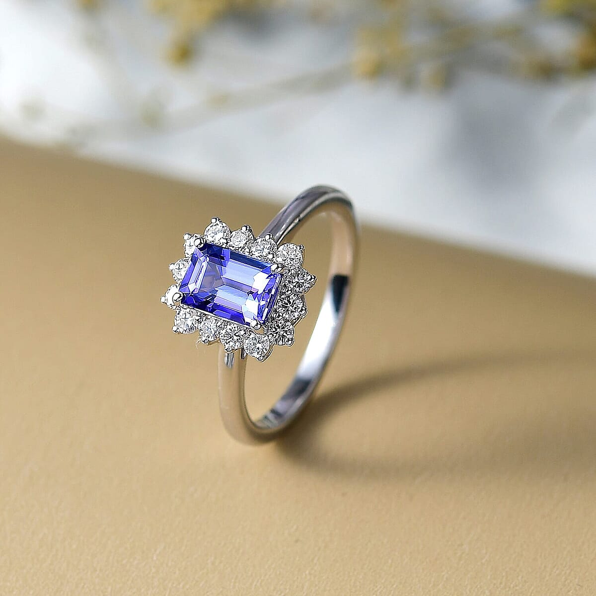 Certified & Appraised AAA Tanzanite and G-H SI Luxuriant Lab Grown Diamond 1.50 ctw Classical Halo Ring in 10K White Gold (Size 6.0) image number 1