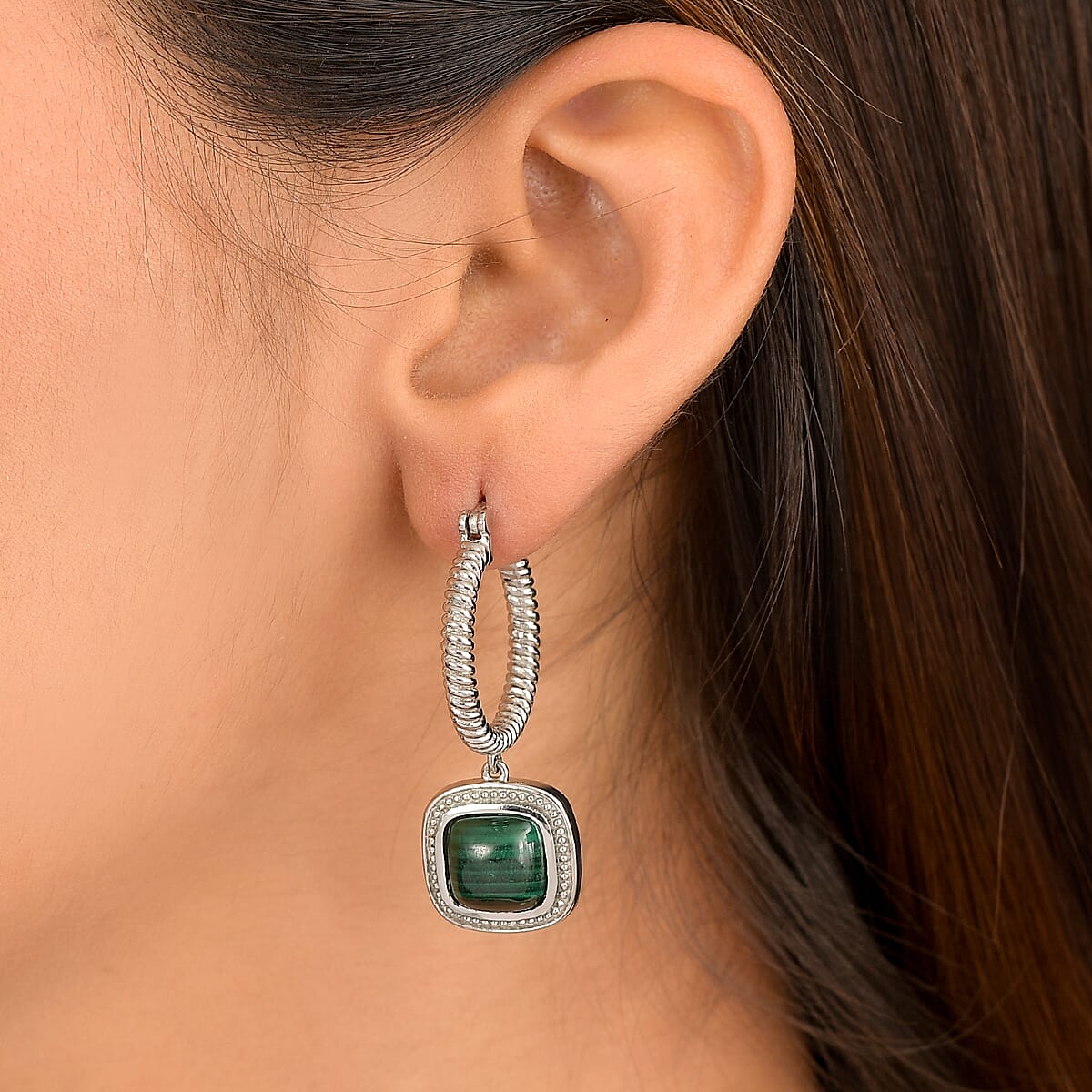EverTrue African Malachite 11.10 ctw Earrings in Stainless Steel  image number 2