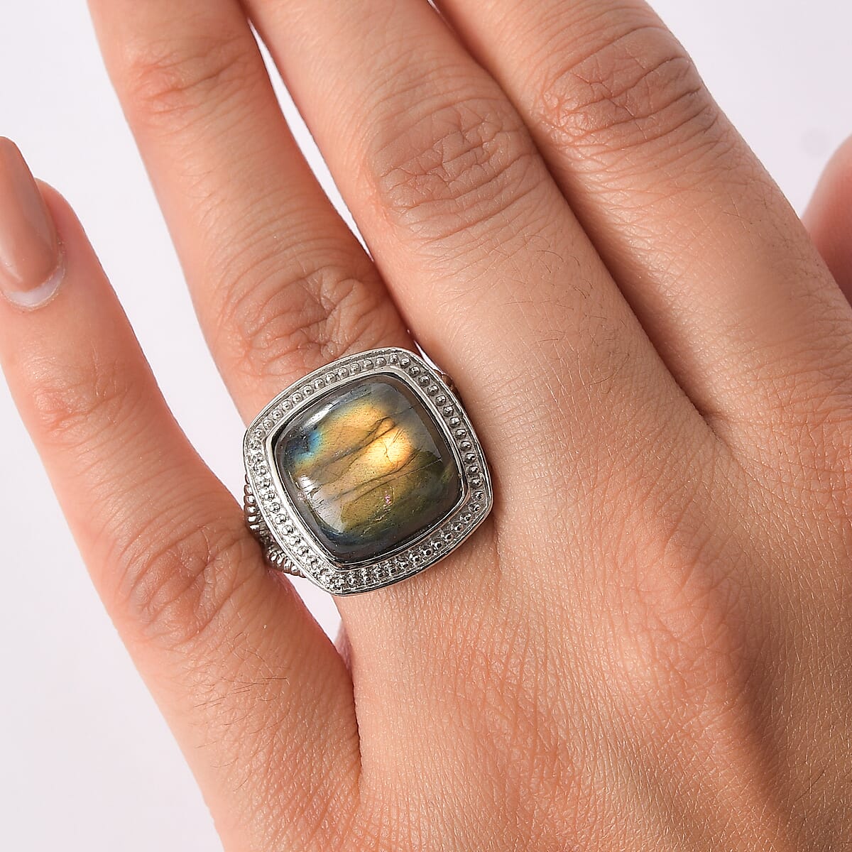 EverTrue Malagasy Labradorite 12.00 ctw Ring in Stainless Steel (Size 6.0) image number 2
