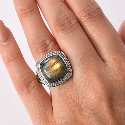 EverTrue Malagasy Labradorite 12.00 ctw Ring in Stainless Steel (Size 7.0)