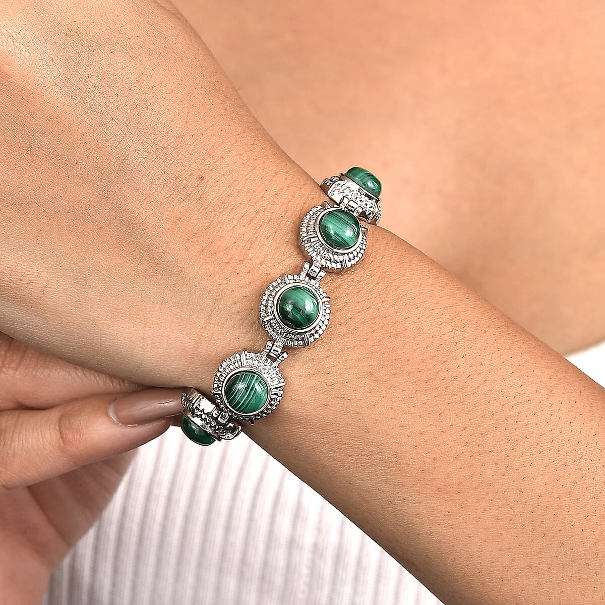EverTrue African Malachite 15.65 ctw Bracelet in Stainless Steel (6.50 In) image number 2
