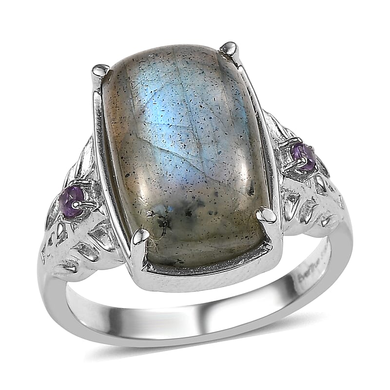 EverTrue Malagasy Labradorite and African Amethyst 9.10 ctw Ring in Stainless Steel (Size 5.0)