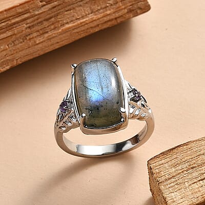 EverTrue Malagasy Labradorite and African Amethyst 9.10 ctw Ring in Stainless Steel (Size 5.0)