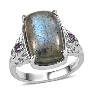 EverTrue Malagasy Labradorite and African Amethyst 9.10 ctw Ring in Stainless Steel (Size 6.0)