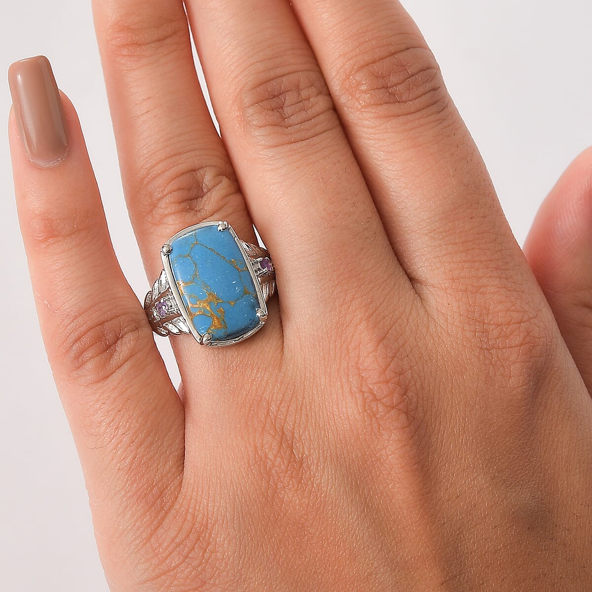 EverTrue Mojave Blue Turquoise and African Amethyst 5.90 ctw Ring in Stainless Steel (Size 10) image number 2
