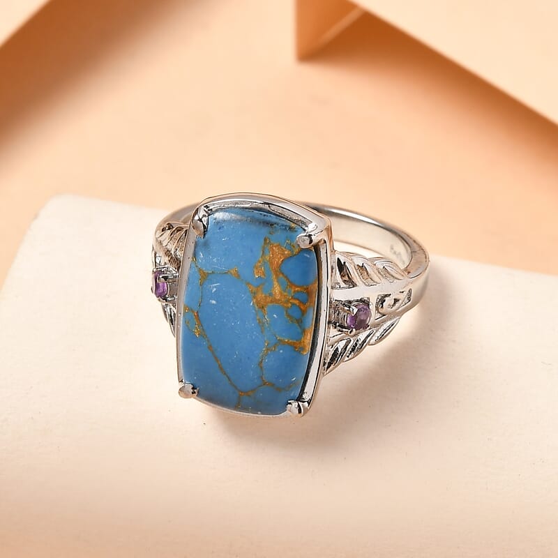 EverTrue Mojave Blue Turquoise and African Amethyst 5.90 ctw Ring in Stainless Steel (Size 6.0)
