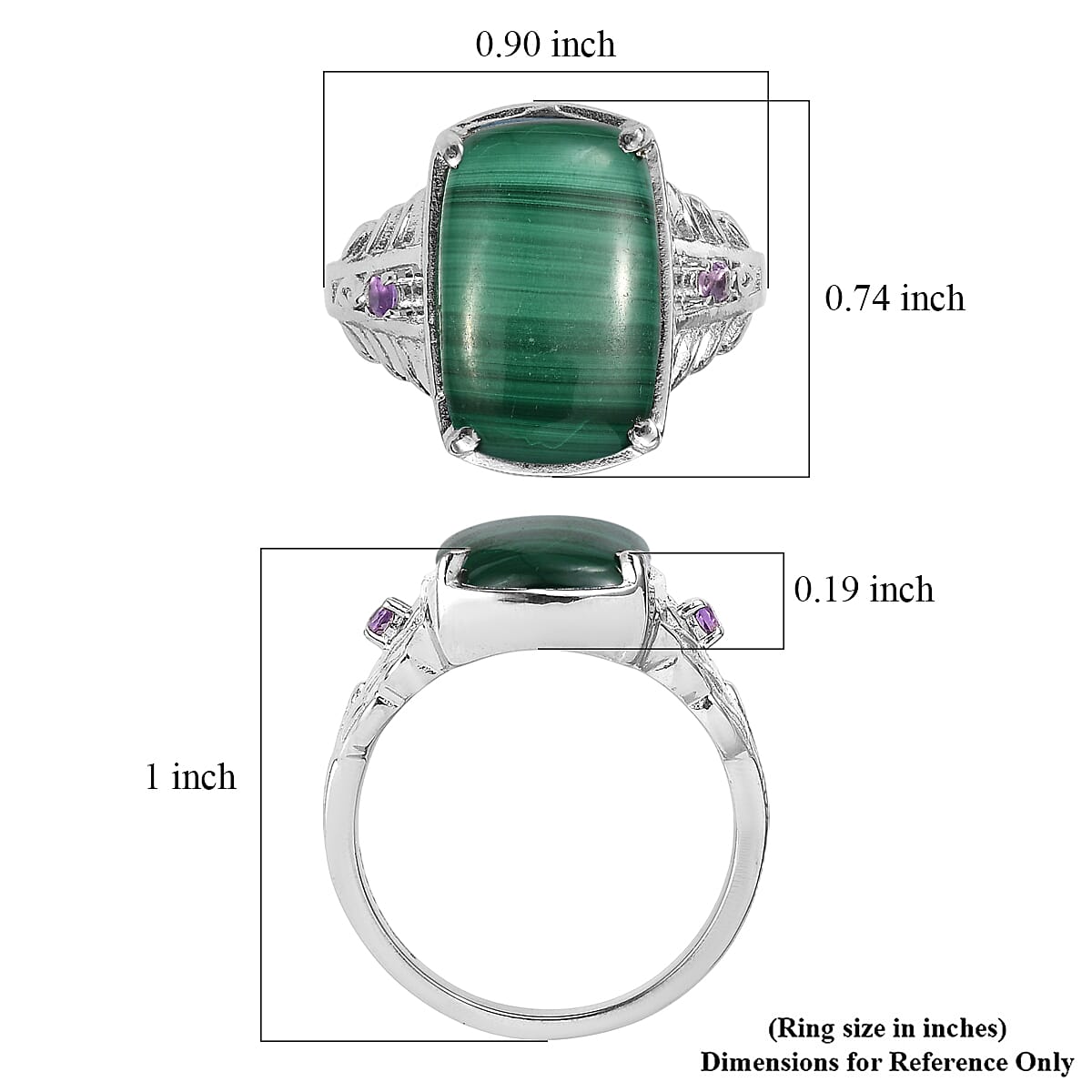 EverTrue African Malachite and African Amethyst 11.50 ctw Ring in Stainless Steel (Size 8.0) image number 5