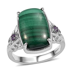 EverTrue African Malachite and African Amethyst 11.50 ctw Ring in Stainless Steel (Size 9.0)