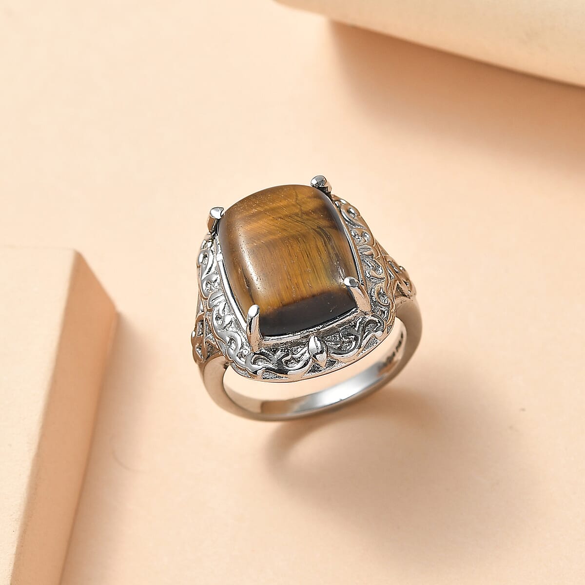 EverTrue Tigers Eye 10.40 ctw Ring in Stainless Steel (Size 10) image number 1