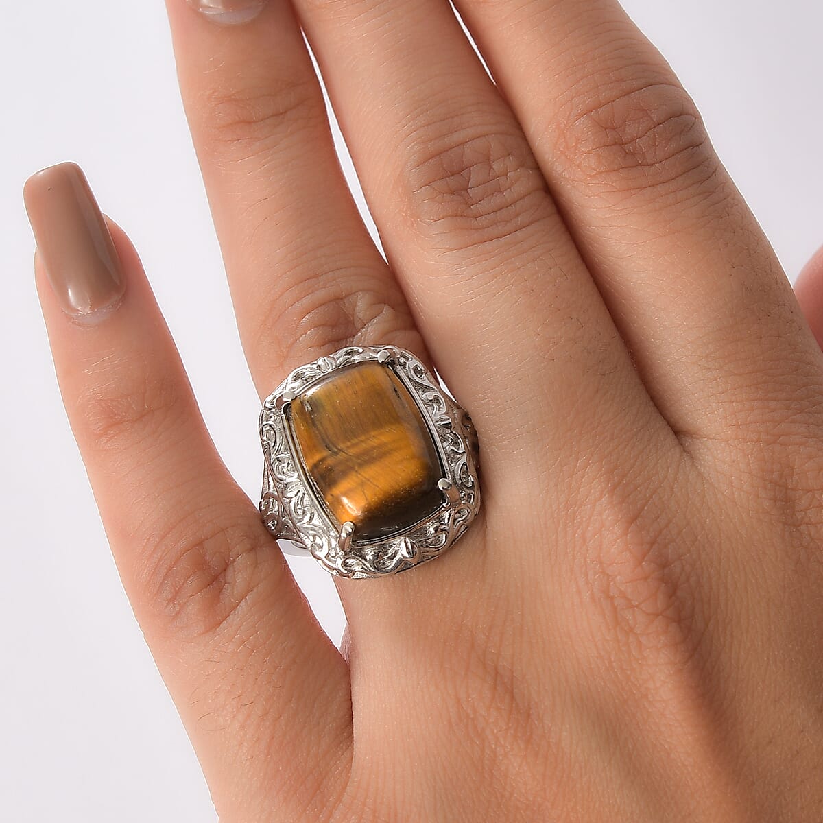 EverTrue Tigers Eye 10.40 ctw Ring in Stainless Steel (Size 5.0) image number 2