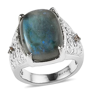 EverTrue Malagasy Labradorite and Simulated Champagne Diamond 12.60 ctw Ring in Stainless Steel (Size 10.0)