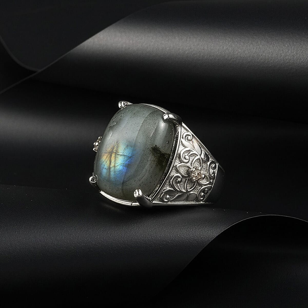 EverTrue Malagasy Labradorite and Simulated Champagne Diamond 12.60 ctw Ring in Stainless Steel (Size 10.0) image number 1