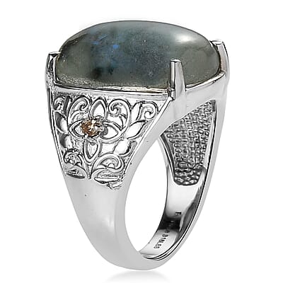 EverTrue Malagasy Labradorite and Simulated Champagne Diamond 12.60 ctw Ring in Stainless Steel (Size 11.0)