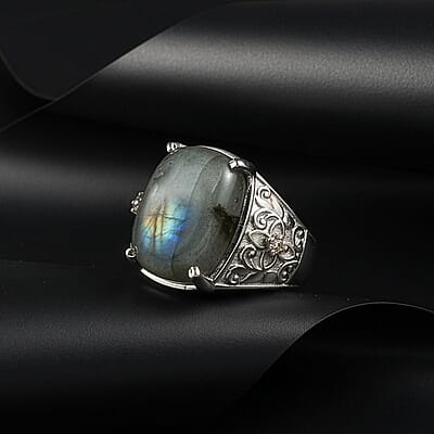 EverTrue Malagasy Labradorite and Simulated Champagne Diamond 12.60 ctw Ring in Stainless Steel (Size 7.0)
