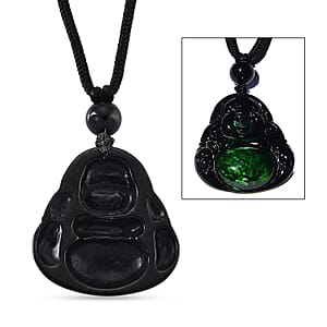 Black Jade (D) 20.00 ctw Carved Buddha Pendant with Black Cord Necklace (28 Inches)
