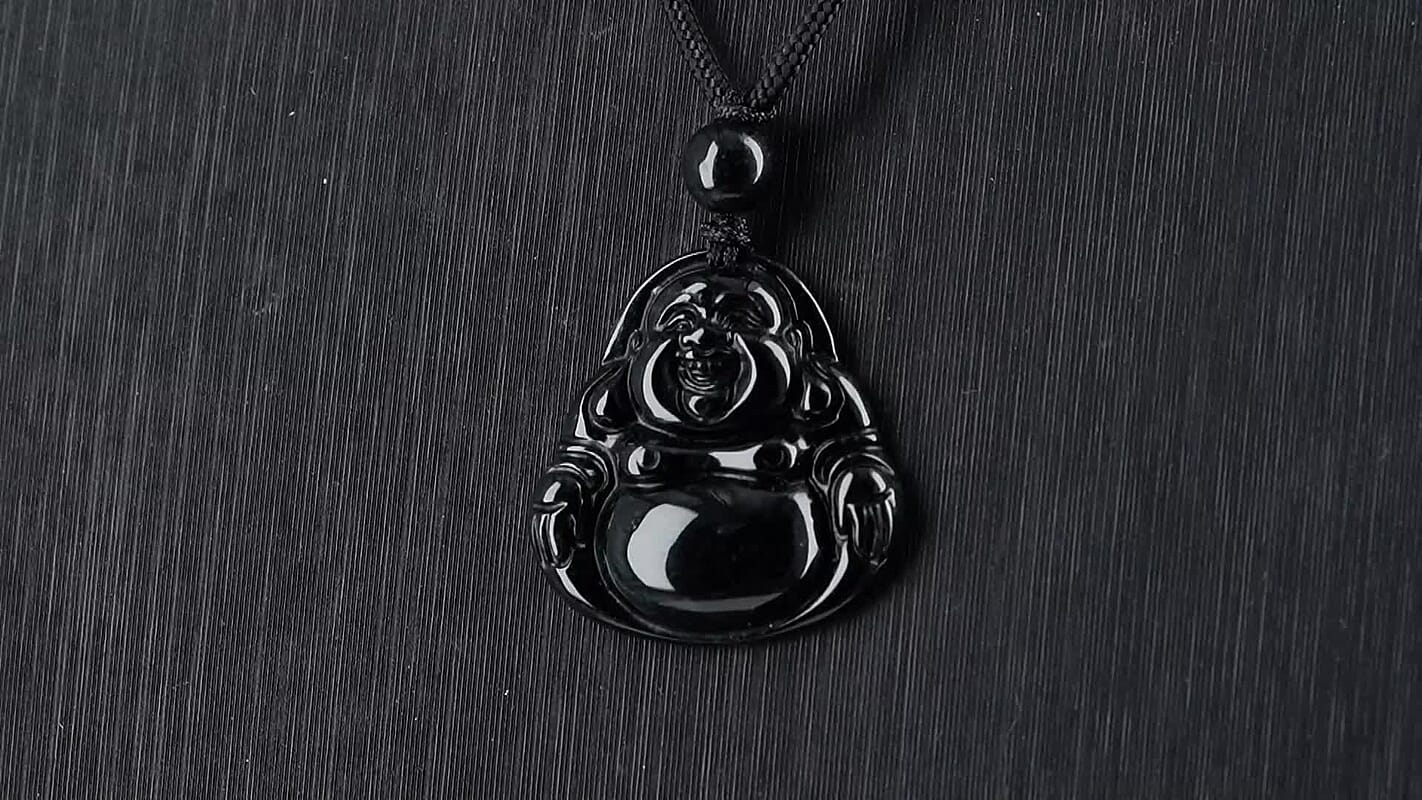 Natural Black Jade 120.00 ctw Carved Buddha Pendant with Black Cord Necklace (28 Inches)