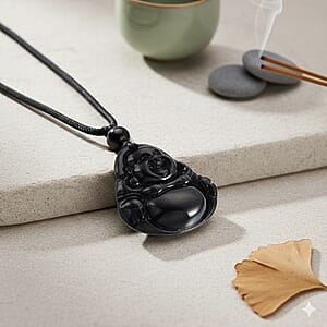 Black Jade (D) 20.00 ctw Carved Buddha Pendant with Black Cord Necklace (28 Inches)