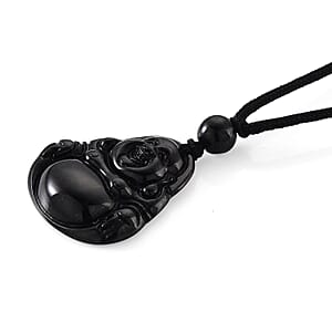 Black Jade (D) 20.00 ctw Carved Buddha Pendant with Black Cord Necklace (28 Inches)
