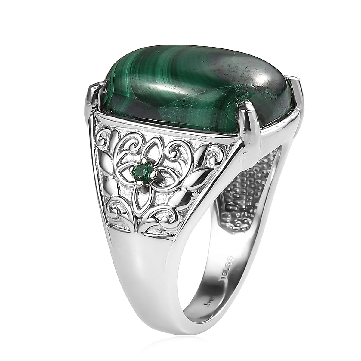 EverTrue African Malachite and Simulated Green Diamond 15.35 ctw Ring in Stainless Steel (Size 7.0)
