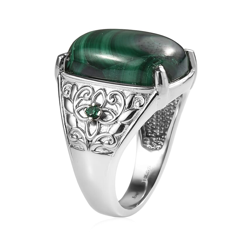 EverTrue African Malachite and Simulated Green Diamond 15.35 ctw Ring in Stainless Steel (Size 7.0)