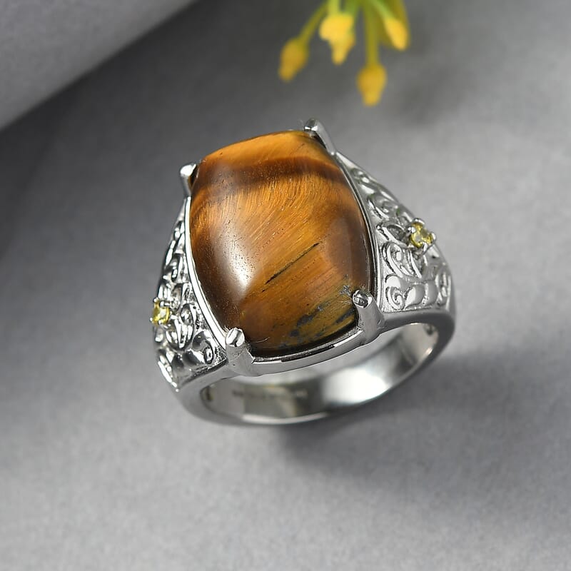 EverTrue Tigers Eye and Simulated Yellow Diamond 16.60 ctw Ring in Stainless Steel (Size 5.0)