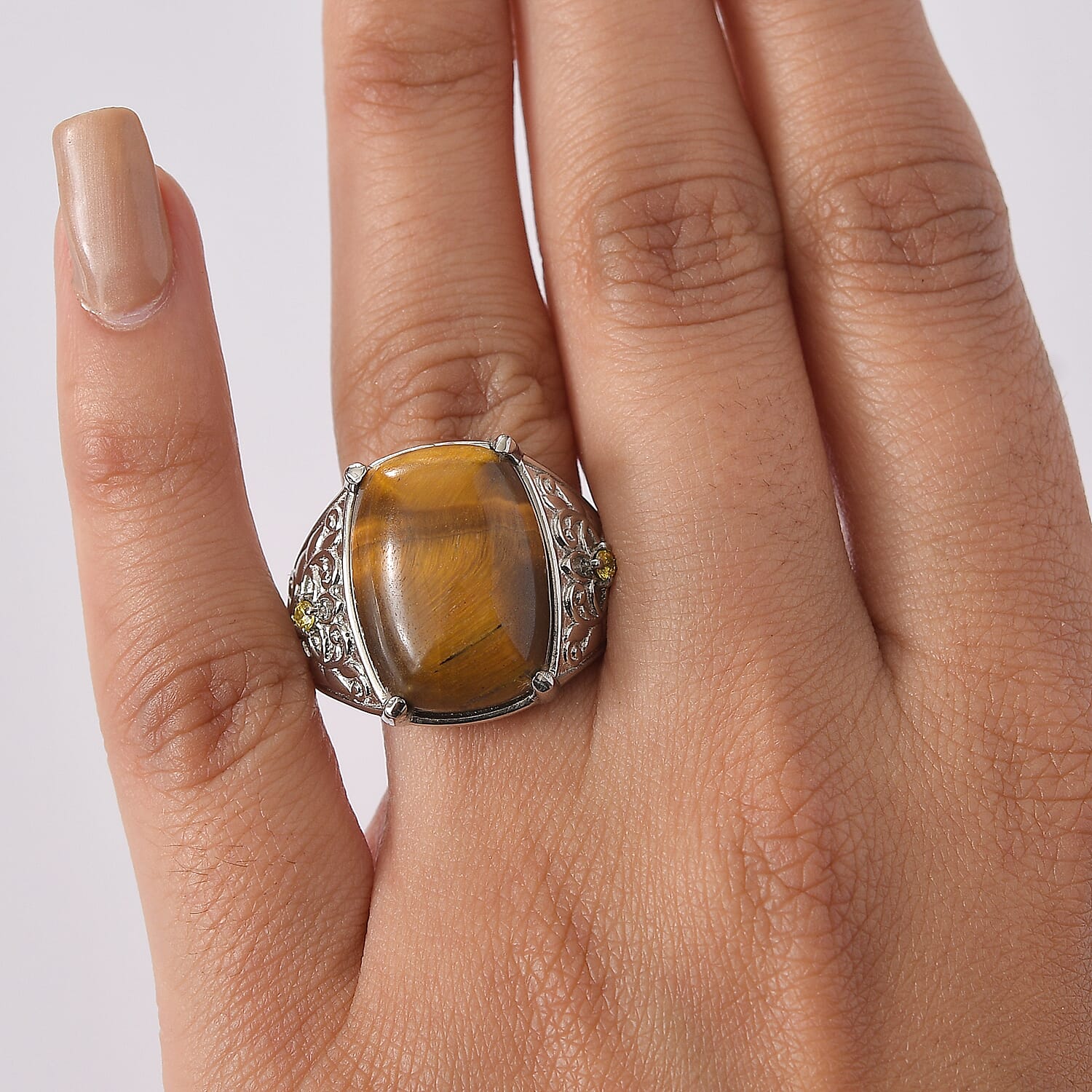 EverTrue Tigers Eye and Simulated Yellow Diamond 16.60 ctw Ring in Stainless Steel (Size 5.0)