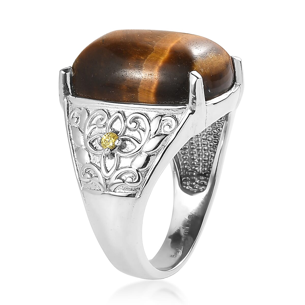EverTrue Tigers Eye and Simulated Yellow Diamond 16.60 ctw Ring in Stainless Steel (Size 5.0)