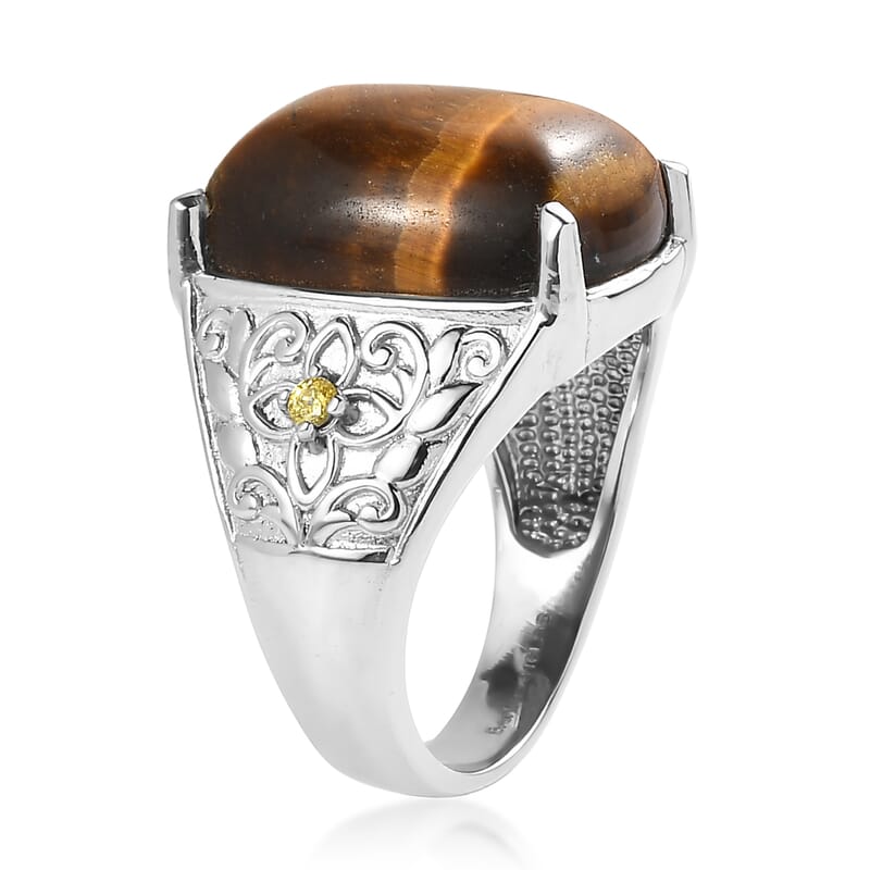 EverTrue Tigers Eye and Simulated Yellow Diamond 16.60 ctw Ring in Stainless Steel (Size 5.0)