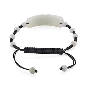 Natural Jade 50.00 ctw Carved Black Cord Adjustable Shamballa Bracelet