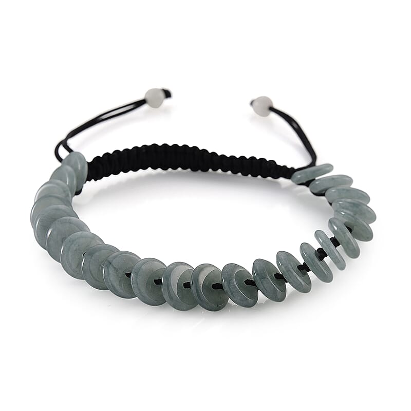 Natural Olmec Jade Discs Shamballa Bracelet With Black Cord Adjustable 65.00 ctw