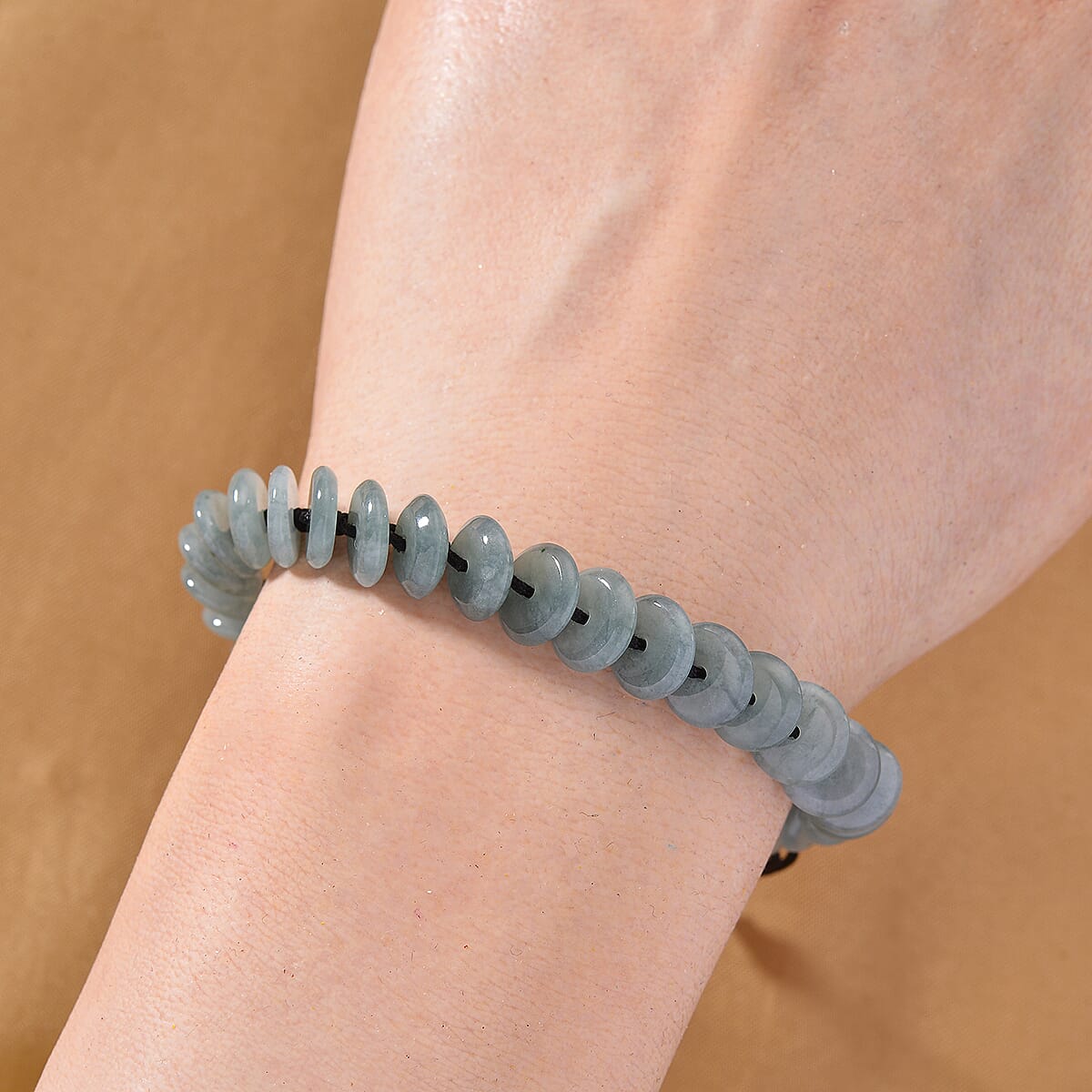 Natural Olmec Jade 65.00 ctw Discs Black Cord Adjustable Shamballa Bracelet image number 1