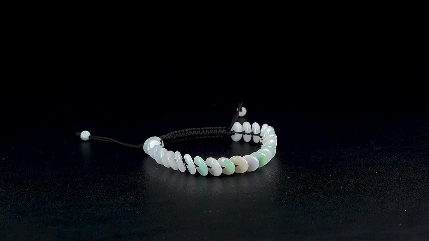 Natural Jade Discs Shamballa Bracelet With Black Cord Adjustable 65.00 ctw