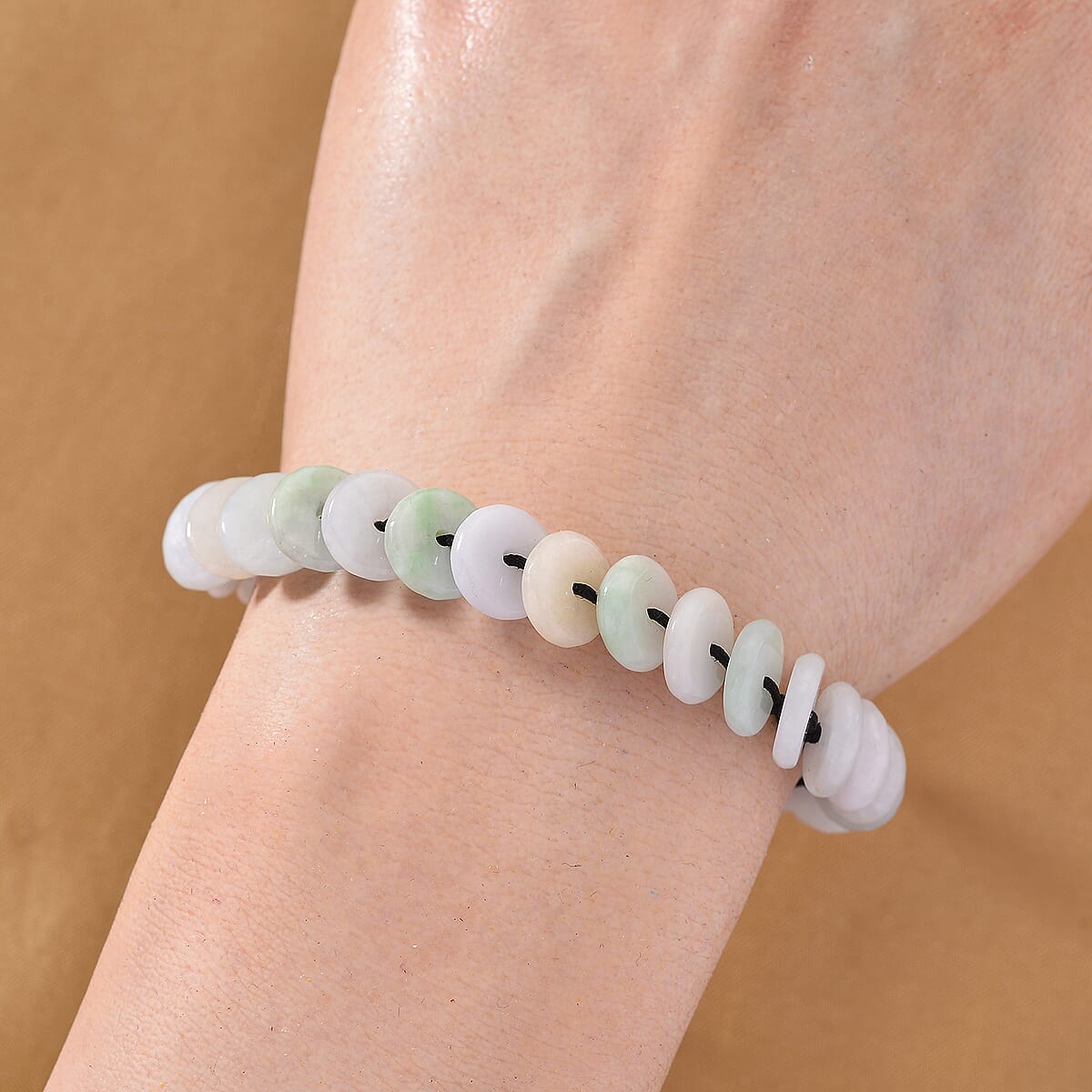 Natural Jade 65.00 ctw Discs Black Cord Adjustable Shamballa Bracelet image number 2