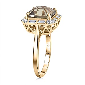 Doorbuster Certified & appraised Asscher Cut AAA Turkizite and Luxuriant Diamond G-H SI 5.65 ctw Ring in 10K Yellow Gold (Size 10.0)
