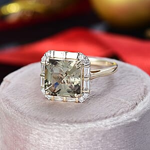  Certified & appraised Asscher Cut AAA Turkizite and Luxuriant Diamond G-H SI 5.65 ctw Ring in 10K Yellow Gold (Size 6.0)