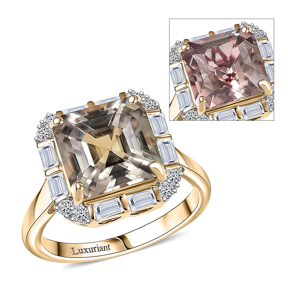  Certified & appraised Asscher Cut AAA Turkizite and Luxuriant Diamond G-H SI 5.65 ctw Ring in 10K Yellow Gold (Size 7.0) image number 0