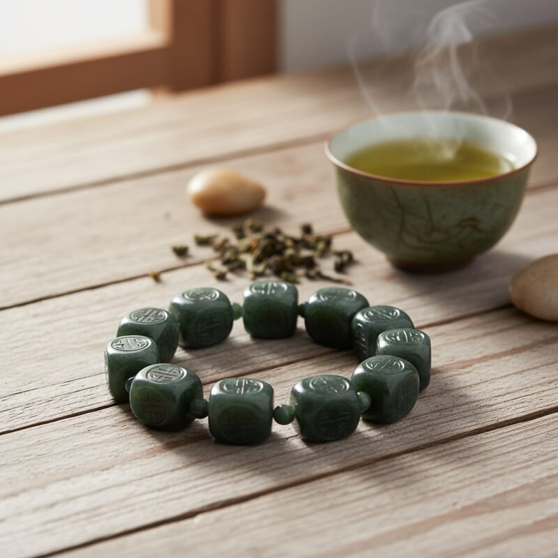 Natural Olmec Jadeite Carved 300.00 ctw Beaded Stretch Bracelet