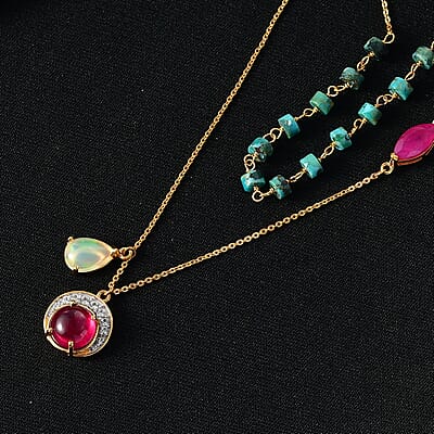D'Joy Rachel Roy Loving Care Premium Ethiopian Welo Opal and Ruby, Multi Gemstone Necklace in 18K Vermeil YG Over Sterling Silver 10.35 ctw (18-20 Inches)