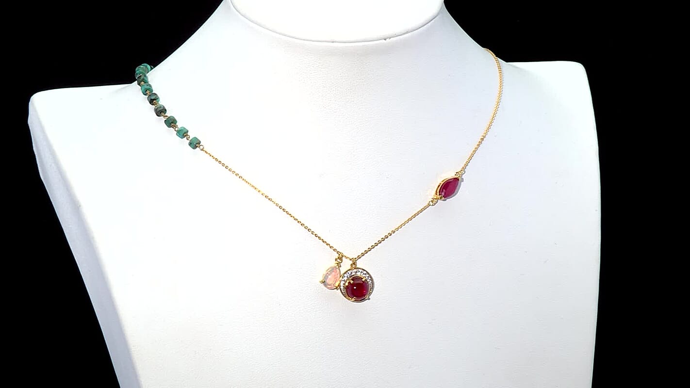 D'Joy Rachel Roy Loving Care Premium Ethiopian Welo Opal and Ruby, Multi Gemstone Necklace in 18K Vermeil YG Over Sterling Silver 10.35 ctw (18-20 Inches)