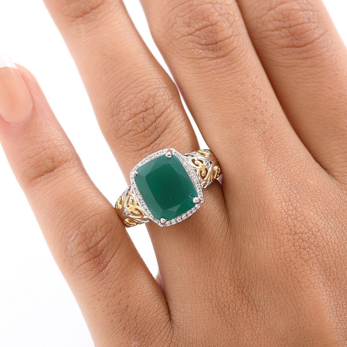 EverTrue Verde Onyx and White Zircon 5.40 ctw Garden Vine Ring in 18K YG Plated and Platinum Bond (Size 5.0) image number 2