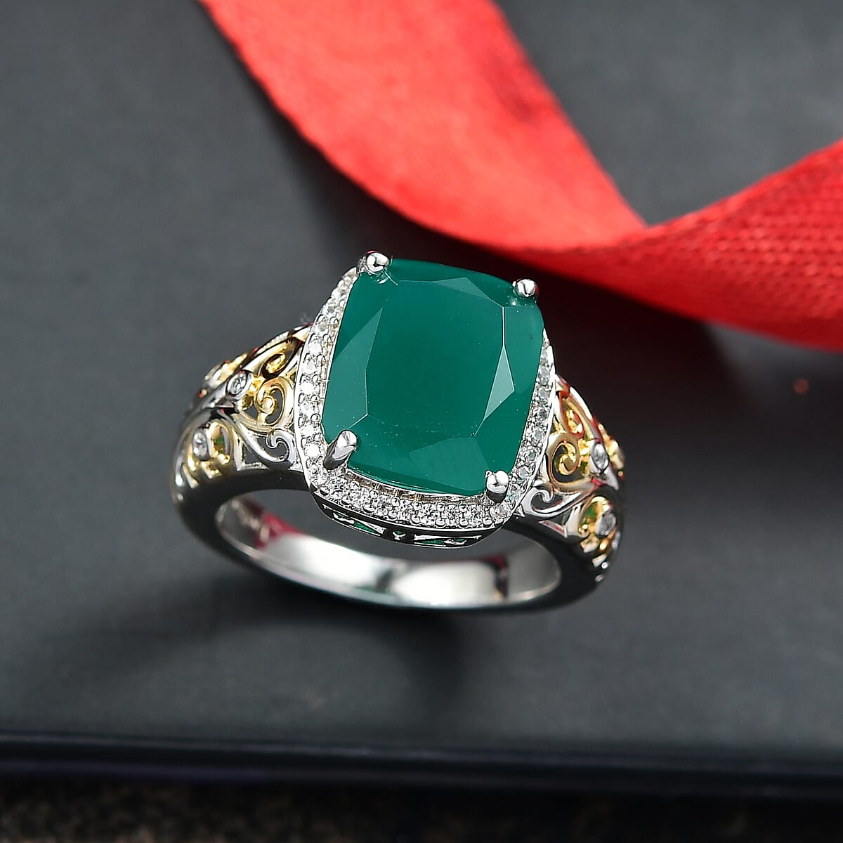 EverTrue Verde Onyx and White Zircon 5.40 ctw Garden Vine Ring in 18K YG Plated and Platinum Bond (Size 6.0) image number 1