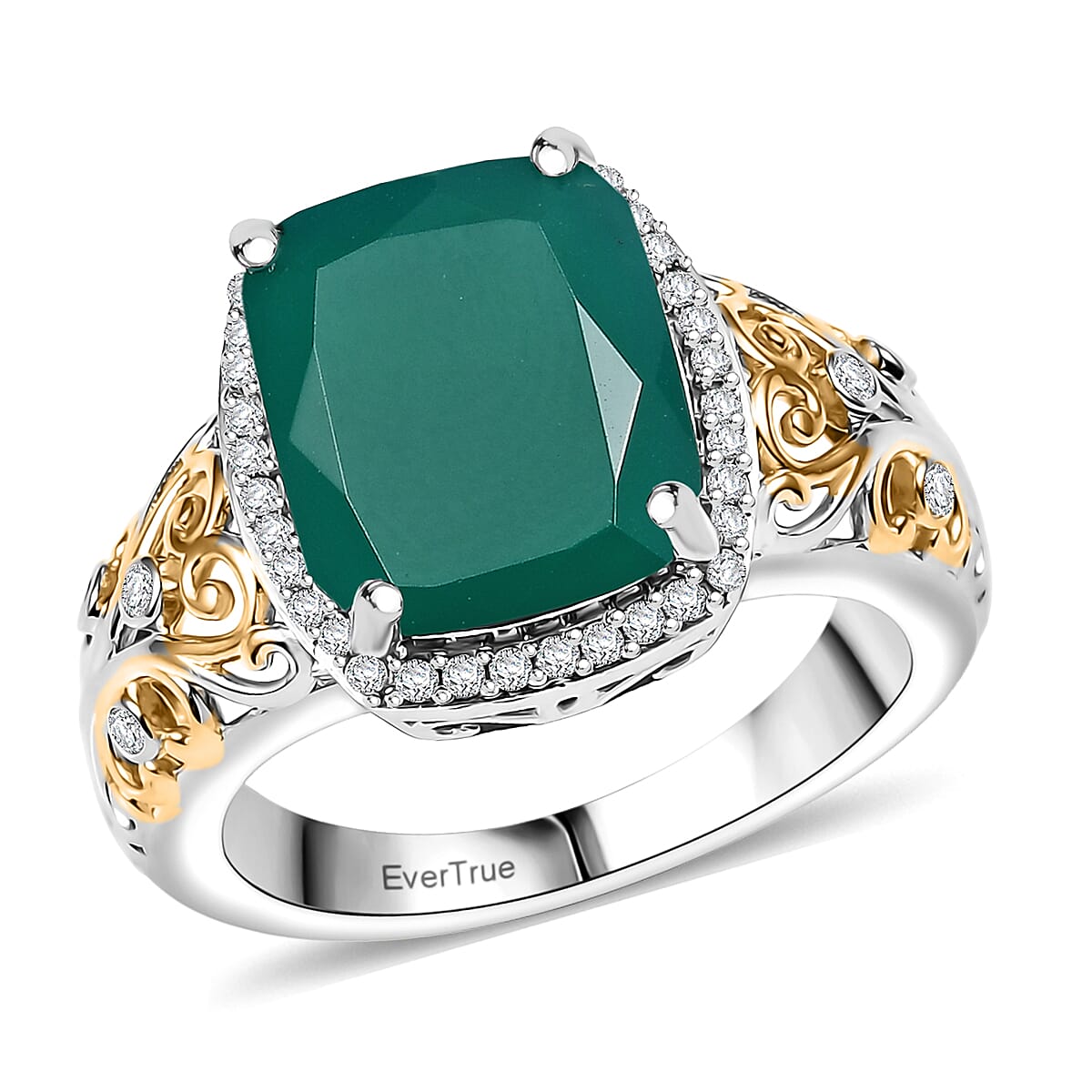 EverTrue Verde Onyx, White Zircon Ring in 18K YG Plated and Platinum Bond (Size 10.0) 5.40 ctw