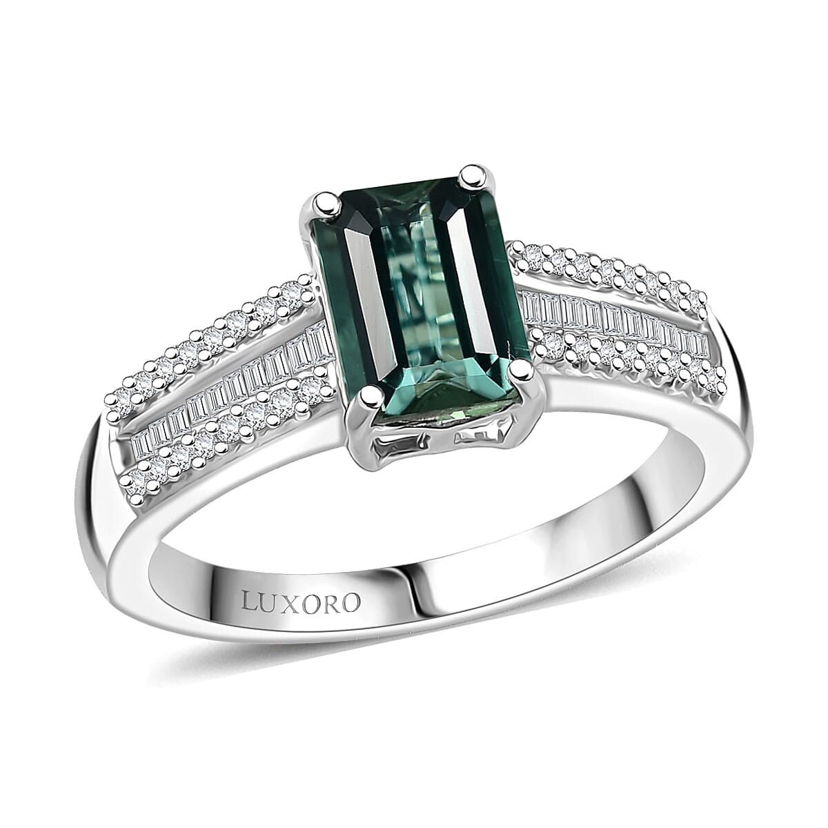 Luxoro AAA Lagoon Tourmaline and Diamond G-H I2 1.50 ctw Deco Majesty Ring in 10K White Gold (Size 10.0) image number 0