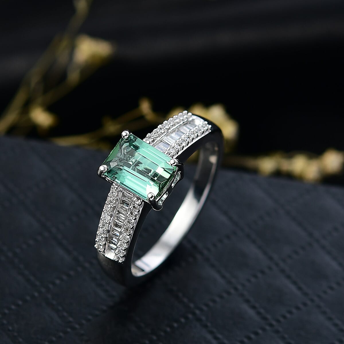 Luxoro AAA Lagoon Tourmaline and Diamond G-H I2 1.50 ctw Deco Majesty Ring in 10K White Gold (Size 10.0) image number 1