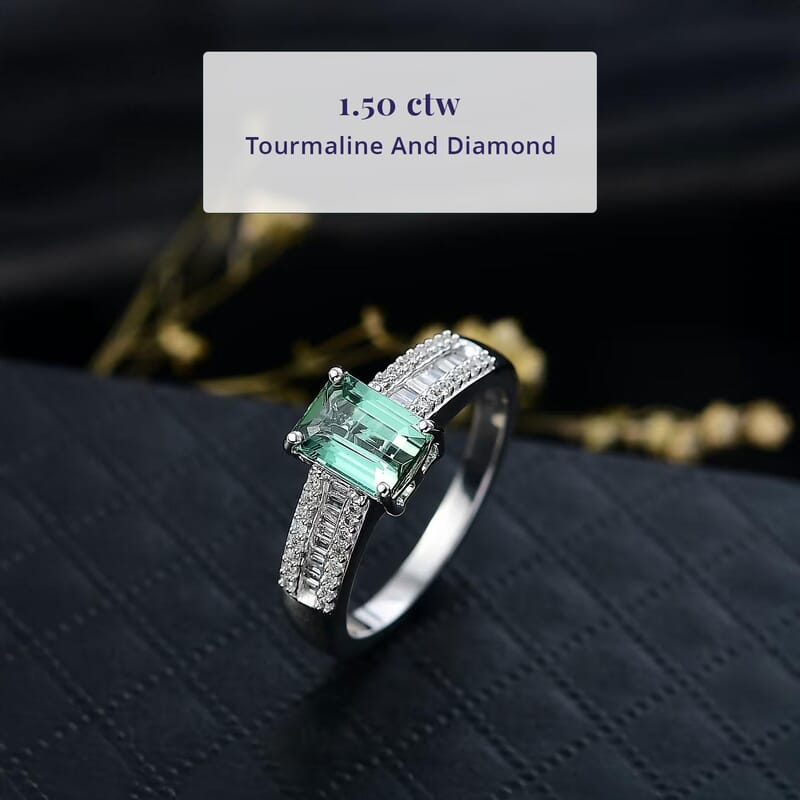 Luxoro AAA Lagoon Tourmaline and Diamond I2 1.50 ctw Deco Majesty Ring in 10K White Gold (Size 10.0)