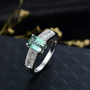Luxoro AAA Lagoon Tourmaline, Diamond Deco Ring in 10K White Gold 1.50 ctw (Size 6.5)