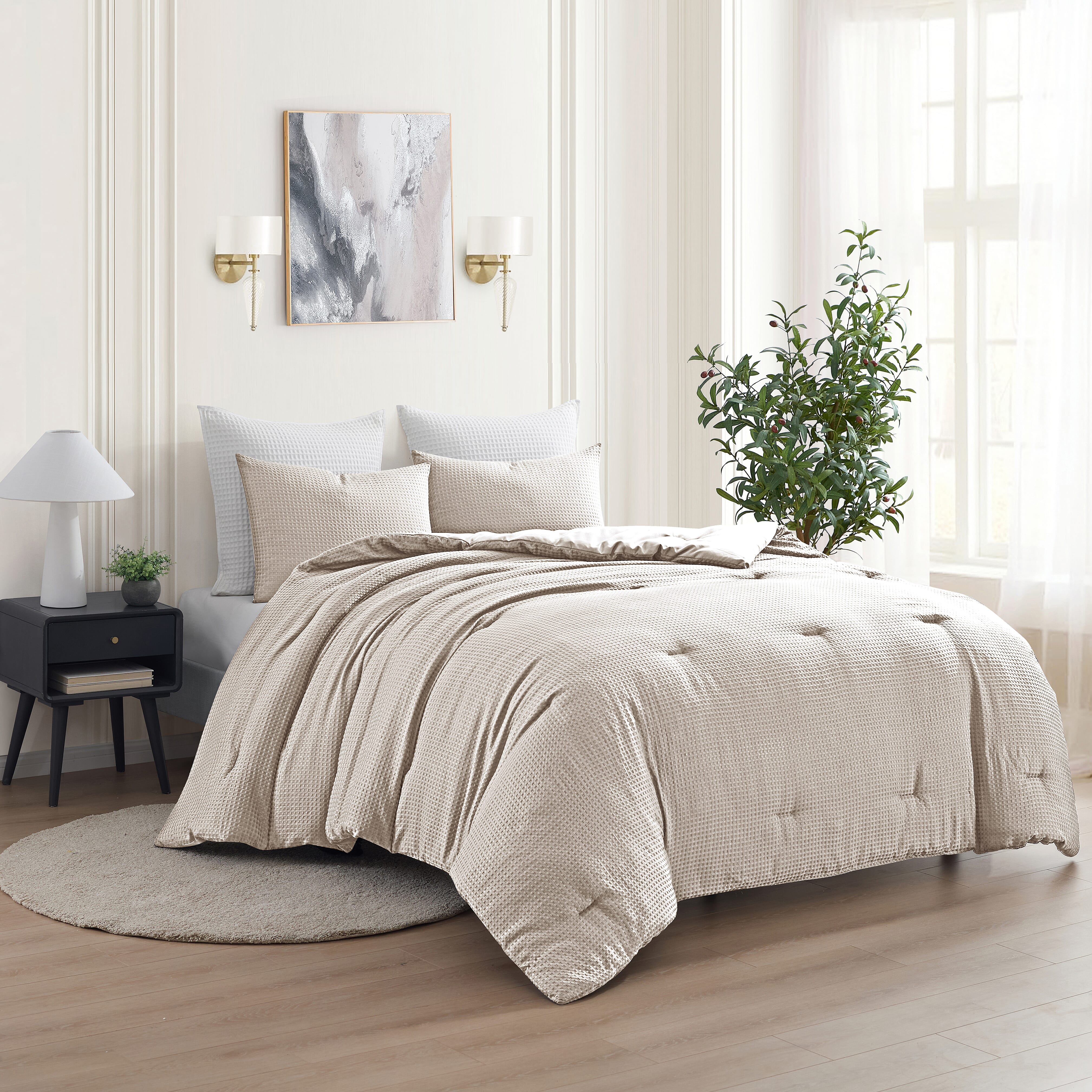 Kathy Ireland 3-Piece Beige Waffle Down Alternative Comforter Set -Queen