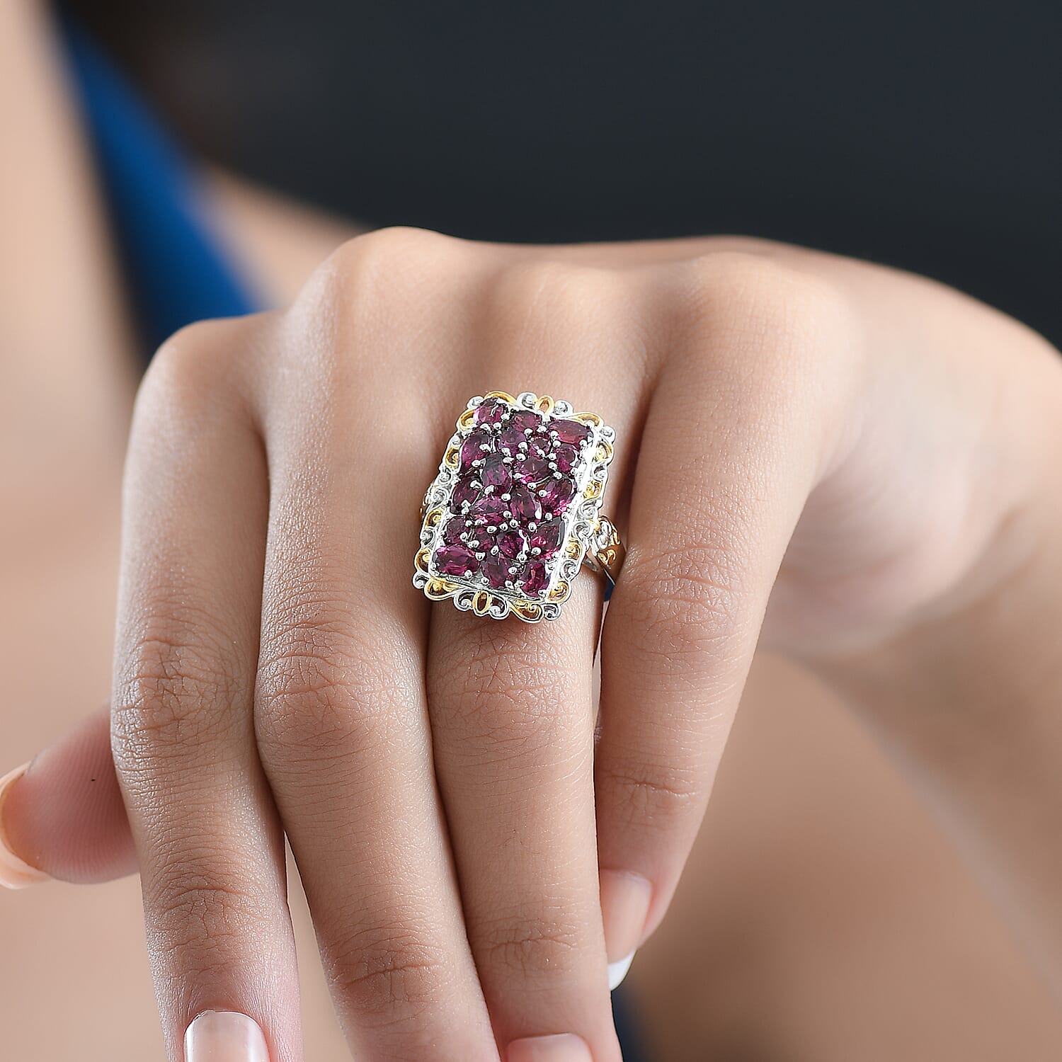 EverTrue Orissa Rhodolite Garnet 5.30 ctw Victorian Filigree Ring in 18K YG Plated and Platinum Bond (Size 6.0)